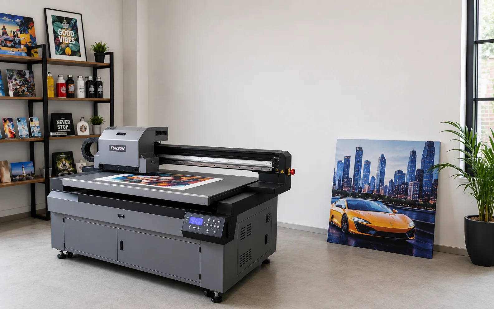 Atölyede UV baskı makinesi